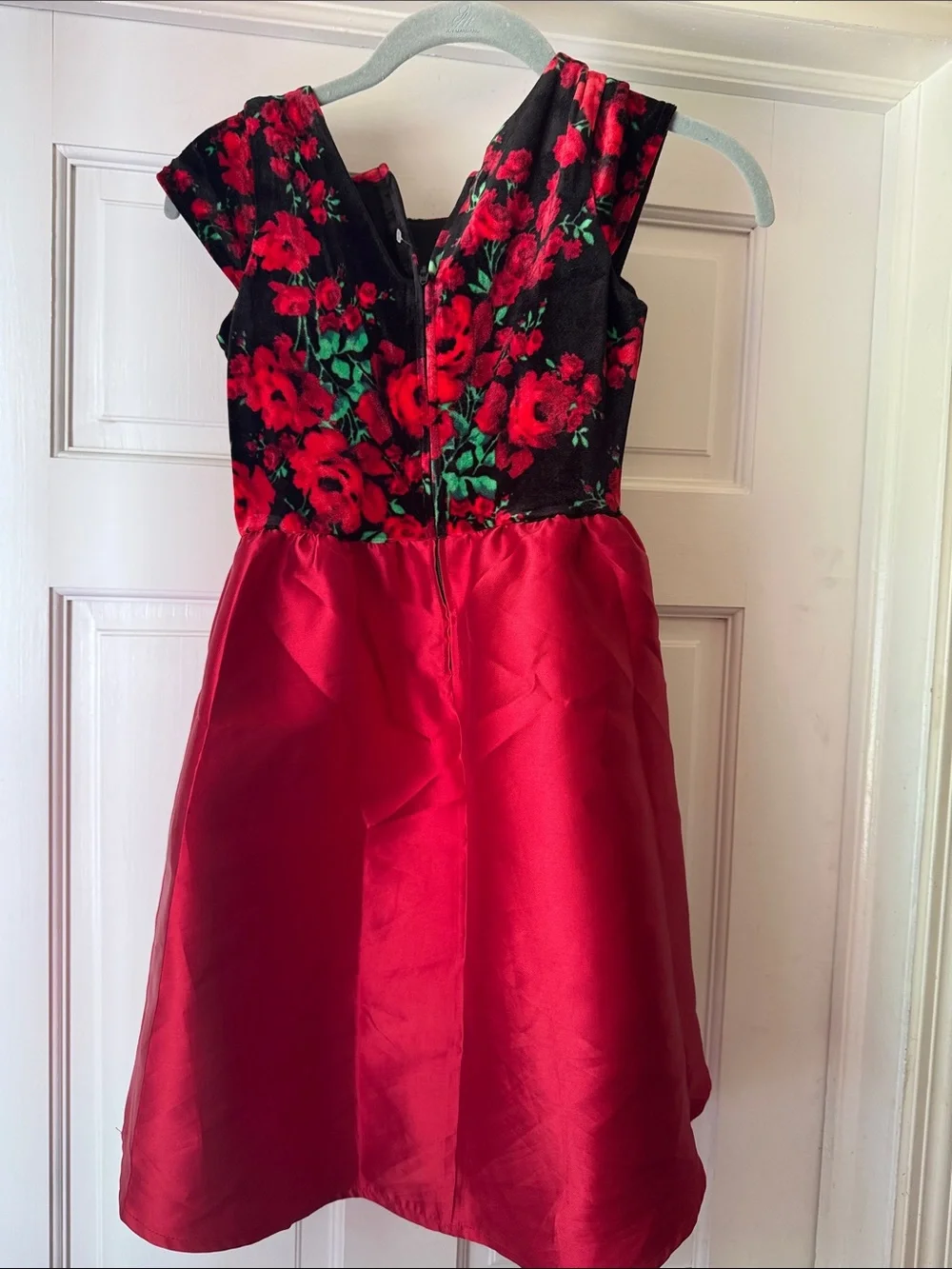 The Children's Place Red and Black Floral Velvet Bodice Dress with Black Bow